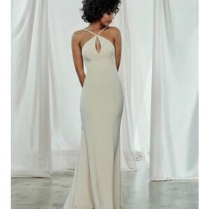 AMSALE Evening Formal Bridesmaid Dress in Champagne Fawn Crepe NWT 16